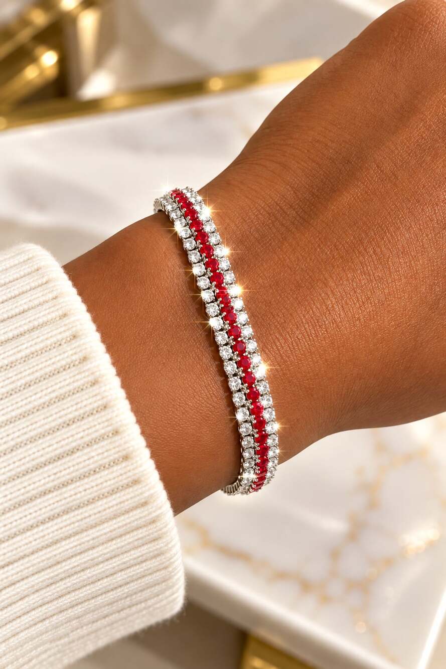 Red & Silver Rhinestone Tennis Bracelet Sparkly Statement Jewelry